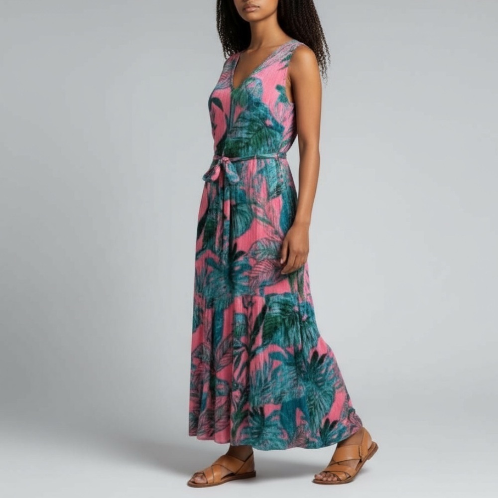 Nicole Miller Vibrant Pink Green Tropical Maxi Dress Size 6